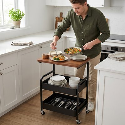 Homme utilisant une desserte à roulettes noir avec plateau bois pour servir repas en cuisine.